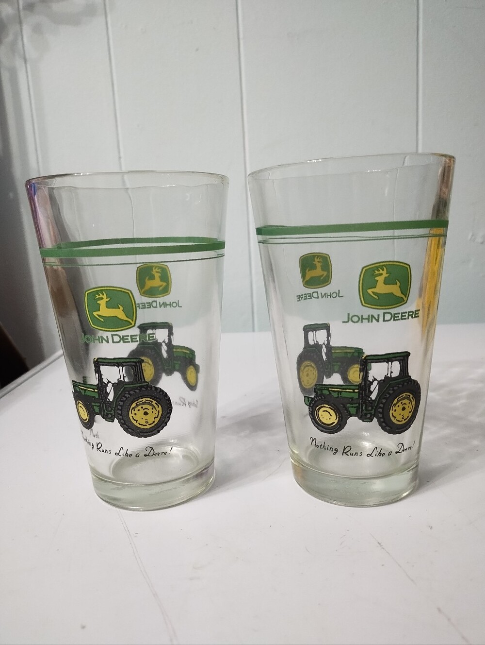 (2) Gibson 16 Oz John Deere Green and Yellow Tractor Glasses